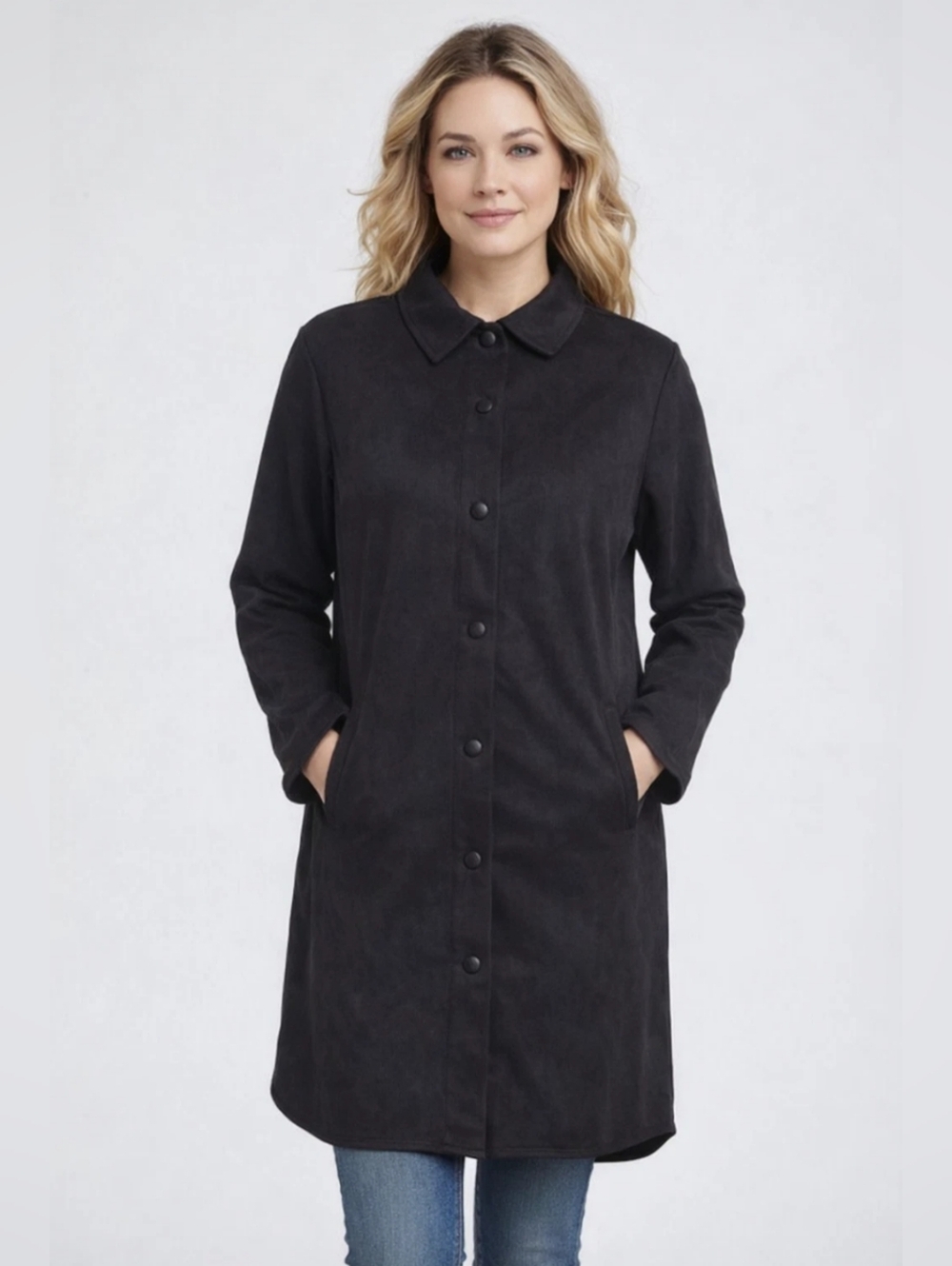 NWOT Well Worn Faux Suede Longline Jacket Black Women’s L Collared